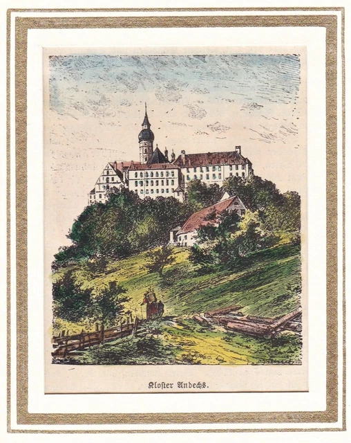 Andechs Kloster LK Starnberg Oberbayern Bayern Ansicht Holzstich woodcut 1880