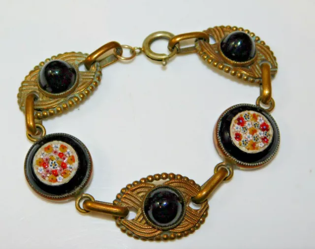 Art Deco Micro Mosaic Flowers Black Gumdrop Cabochon 7.5" Bracelet  Ck 70