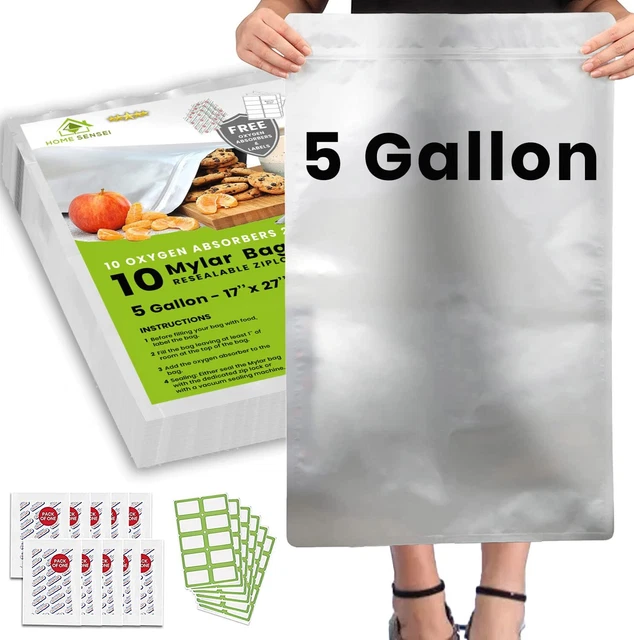 10pcs 5 Gallon Mylar Bags for Food Storage - 10 Mil Thick - Oxygen Absorbers