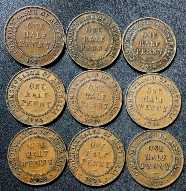 Old Australia Coin Lot - 1916-1934 - 9 HALF PENNIES - Rare Types - Lot #J8