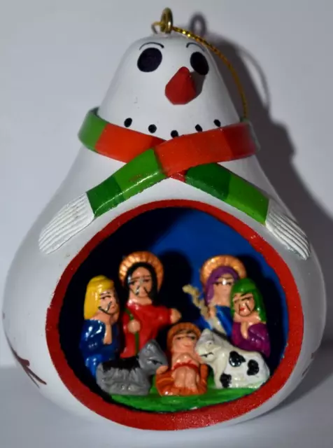 Carved Gourd Ornament M016 Nativity Scene PERU Folk Art HANDMADE SNOWMAN 4'