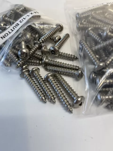 Lot of 100 Stainless Security Button Head Sheet Metal Screws #14 x 1-1/2 Torx