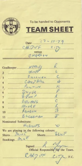 Cardiff City v Charlton Athletic 27 October 1979 FL Teamsheet