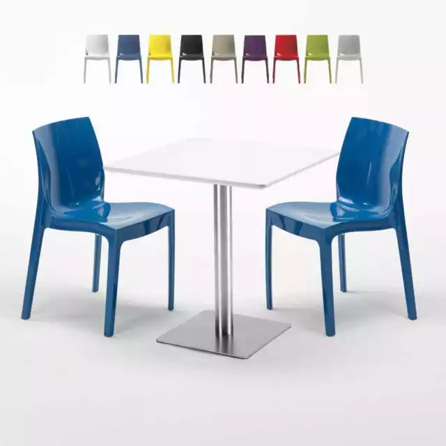 Table carrée blanche 70x70 avec pied en acier et 2 chaises colorées Ice Strawber