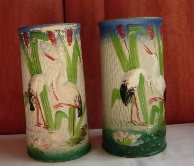 Antique pair vases with cranes 1920s hand painted on glaze, Made in England