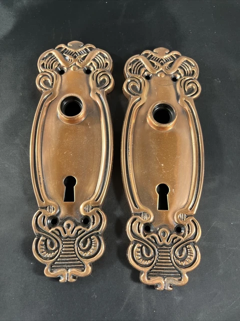 Copper Over Brass Vintage Door Knob Back Plates Egg/Dart Ornate Set Of 2