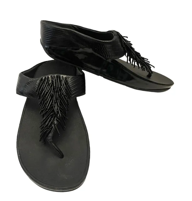 FIT FLOP Womens 7 Black Cha Cha Beaded Fringe Thong Sandals