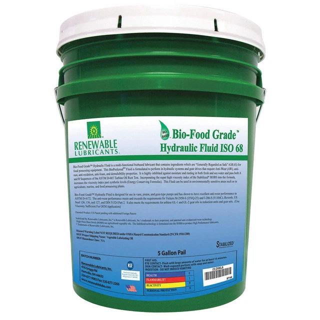 RENEWABLE LUBRICANTS 87144 Bio-Food Grade Hydraulic Fluid,5 Gal,68