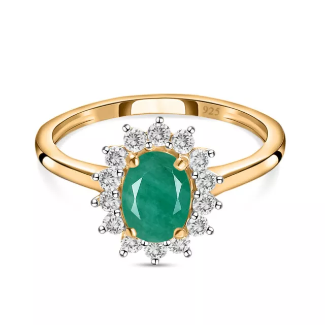 TJC 1.07ct Emerald Halo Ring in 14ct Gold Over Silver