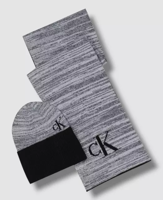 $84 Calvin Klein Men's Gray Black Marled Scarf & Beanie Hat Set One Size