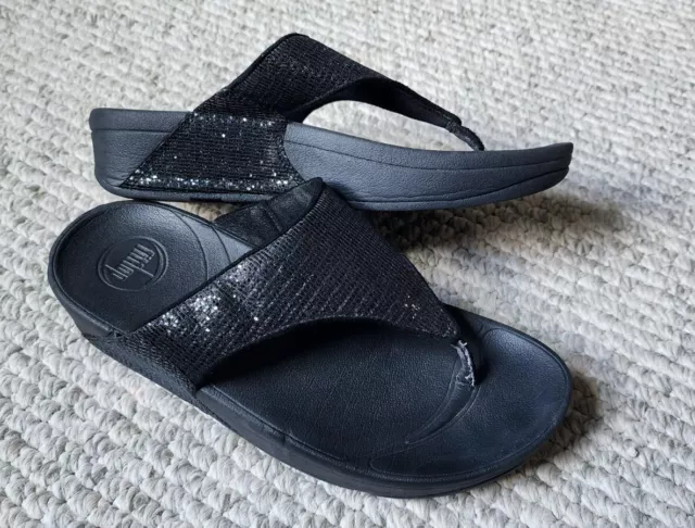 Fitflop Lulu Superglitz Black Thong Sandal Women's 7