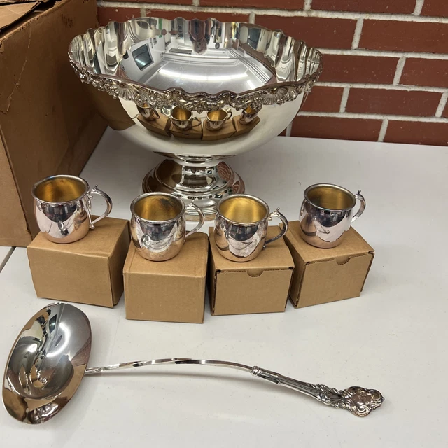 VINTAGE FB ROGERS Silver Co Silverplate Punch Bowl Set 12 Cups