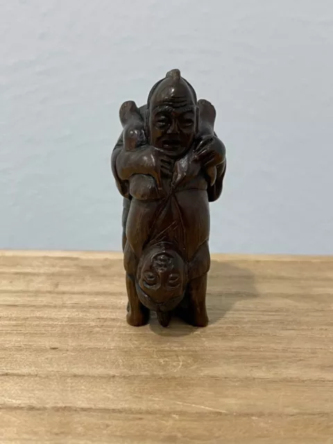 Vintage Possiblement Antique Japonais Signé Bois Sculpté Netsuke Man Woman