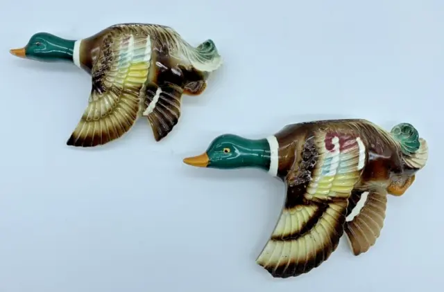 Vintage Chase Flying Mallard Duck Wall Pocket Planter Pair Porcelain Japan