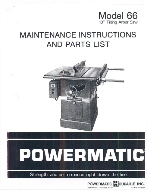 CD Saw Maint. Inst. & Parts List Manual Fits Powermatic Model 66 10inch PM033