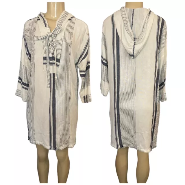 Anthropologie Tina + Jo Striped Rayon Tunic Dress XS Ivory Blue Hooded Raw Hem