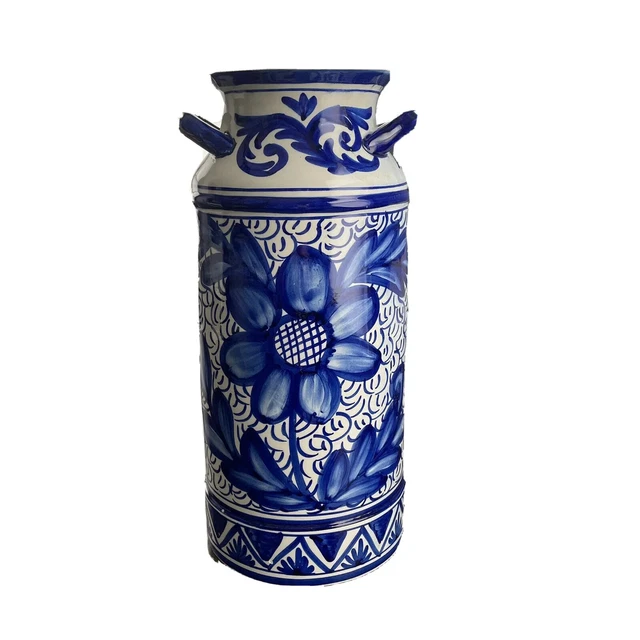1970s Blue and White Pottery Floor Vase or Umbrella Stand 17.5”