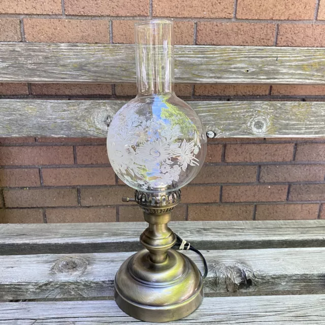 Vintage Edwardian Style Bedside Parlor Desk Lamp Brass Base Etched Rose Globe
