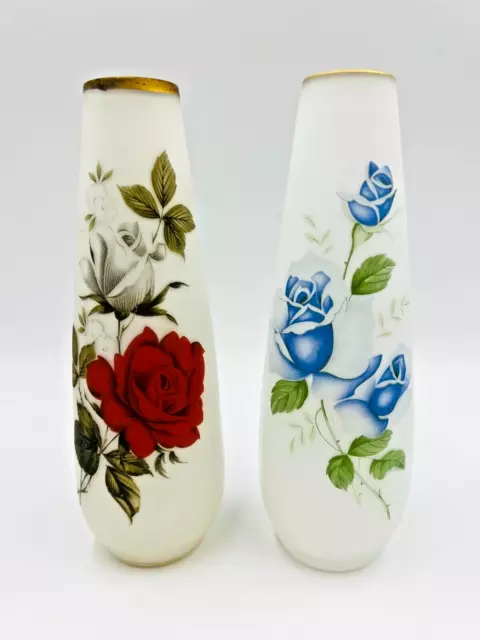 2 x Vintage Satin Frosted Glass Vases Floral Red & Blue Rose Theme Made in Japan