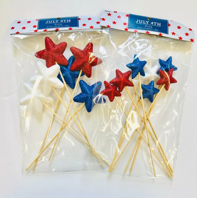 12 (2 sizes) Glitter Patriotic Stars Floral Picks Crafts Party Supply July 4th