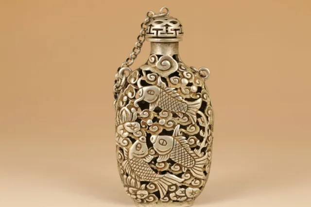 old tibetan silver hand carved hollow out fish lotus statue snuff bottle pendant