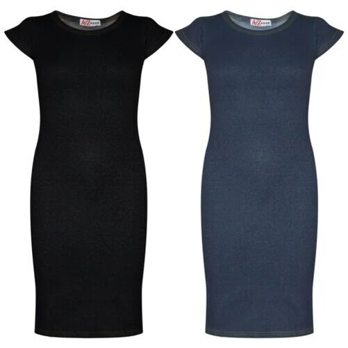 Bambine Midi Maxi Vestito Denim Donna Festa Moda Lungo Slim Top Elasticizzato