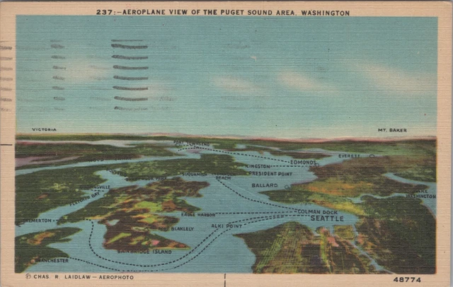 Airplane View Puget Sound Washington Seattle Bainbridge Postcard