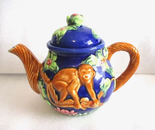 Bella Casa by Ganz Teapot Monkey and Flower Cobalt Blue Ceramic