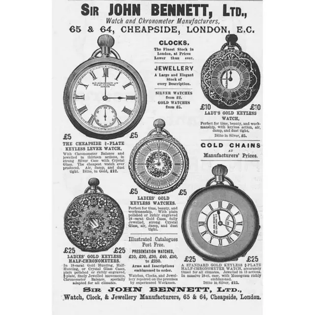 SIR JOHN BENNETT Ltd Watches, Cheapside, London Victorian Advertisement 1892