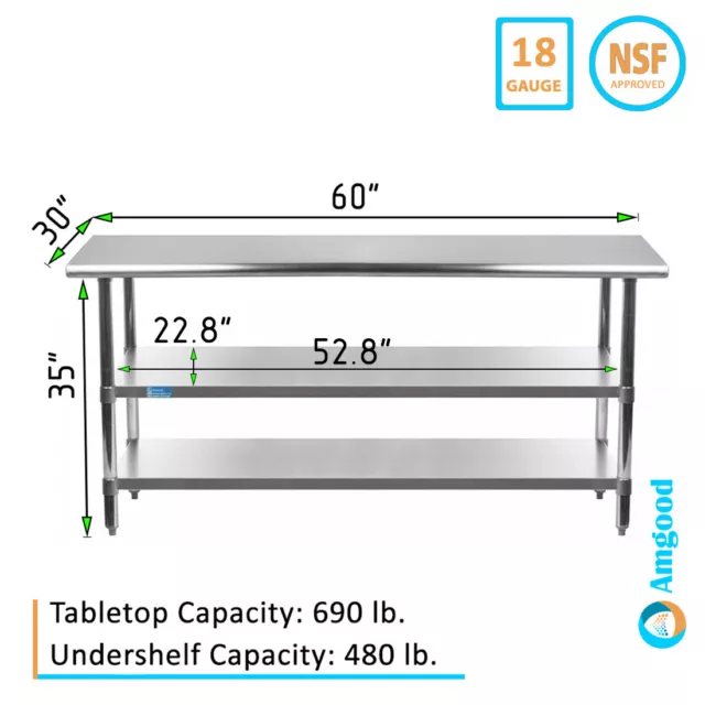 60" Long X 30" Deep Stainless Steel Work Table with 2 Shelves | Metal Prep Table