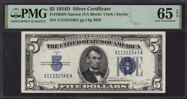 1934 D $5 Five Dollar Silver Certificate Blue Seal PMG 65EPQ S1187