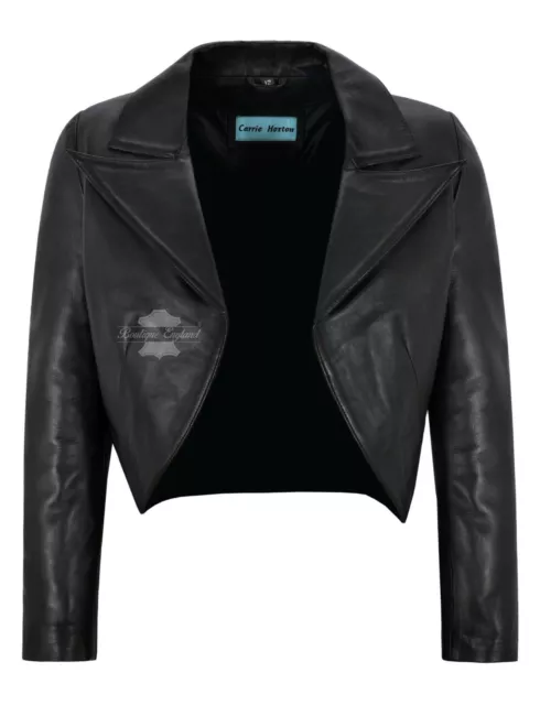 Women Ladies Cropped Jacket Real Leather Shrug Bolero Slim-fit Open Blazer 5650