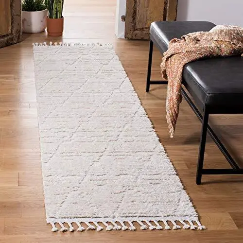 Marrakesh Collection Runner Rug - 2'2" x 12', Beige, Moroccan Boho Tribal Tas...