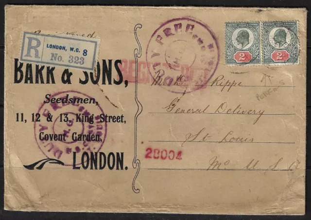 Uk Gb 1912 To Us Sg 225 Pair Duty Free Registered Cover