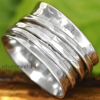 Solid 925 sterling silver wide band spinner ring meditation statement ring GS69