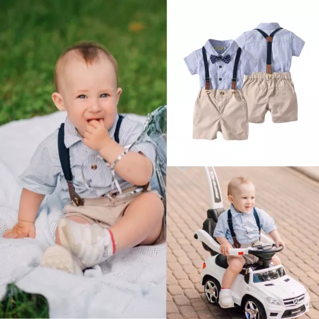 Infant Baby Boys Gentleman Outfit Bowtie Jumpsuit Short Sleeve Wedding Suit Set