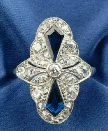 Art Deco Style 1.5CT Round Lab Created Diamond Sapphire Wedding 925 Silver Ring