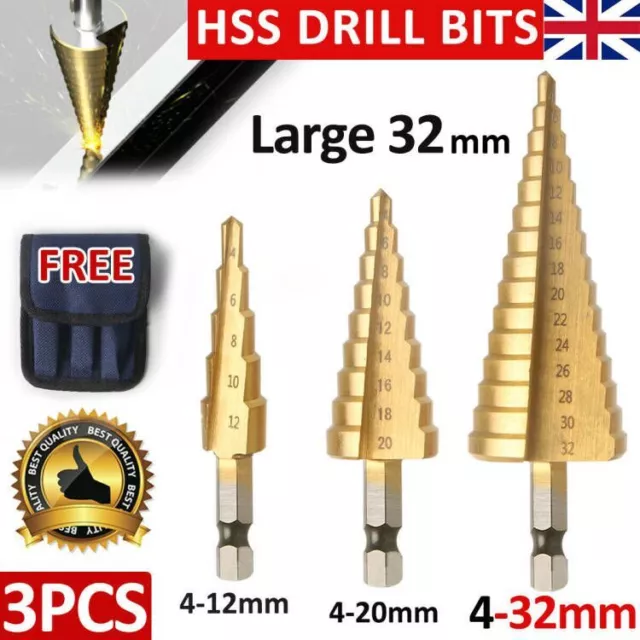 3Pcs Large HSS Steel Step Cone Drill Titanium Bit Set Hole Cutter 4-12/20 /32mm