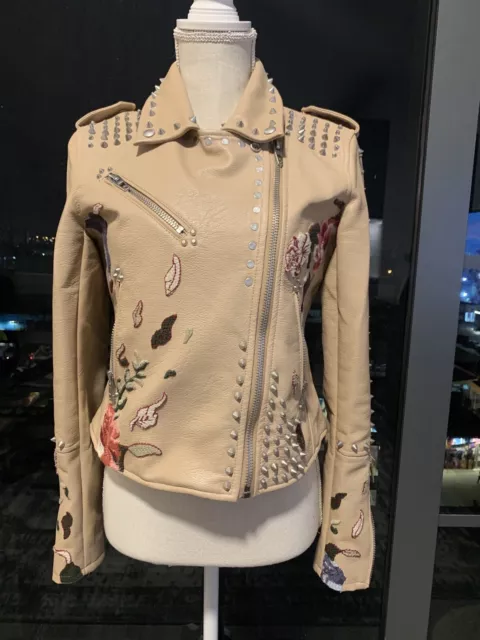 Nwot Blanknyc Embroidered Studded Moto Faux Leather Jacket, Tan, Size Small