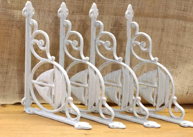 4 Cast Iron White Sail Boat Nautical Brackets Garden Braces Shelf Corbels Nautic