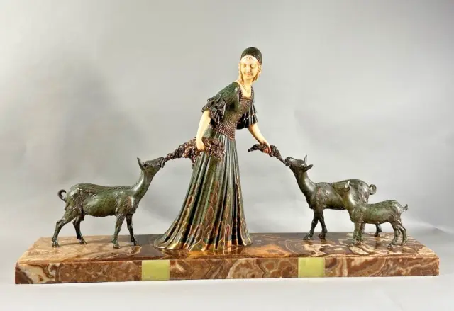 Charming 19th Century French Art Deco Metal Sculpture: 'Girl With Goats'