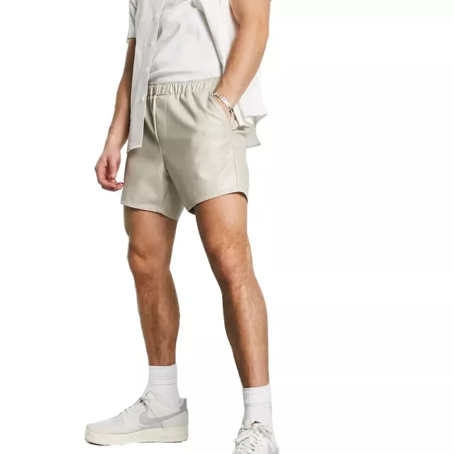 100% Vera Pelle Shotrs Per Uomo - pelle Bianca Motociclisti Pantaloncini da Uomo