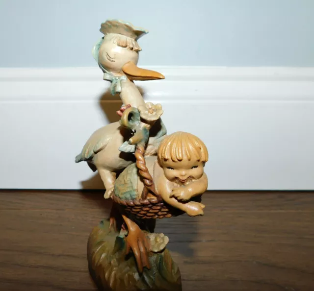 ANRI Wood Carving Italy "Sweet Arrival" 6in Stork Blue Boy Figurine NICE!