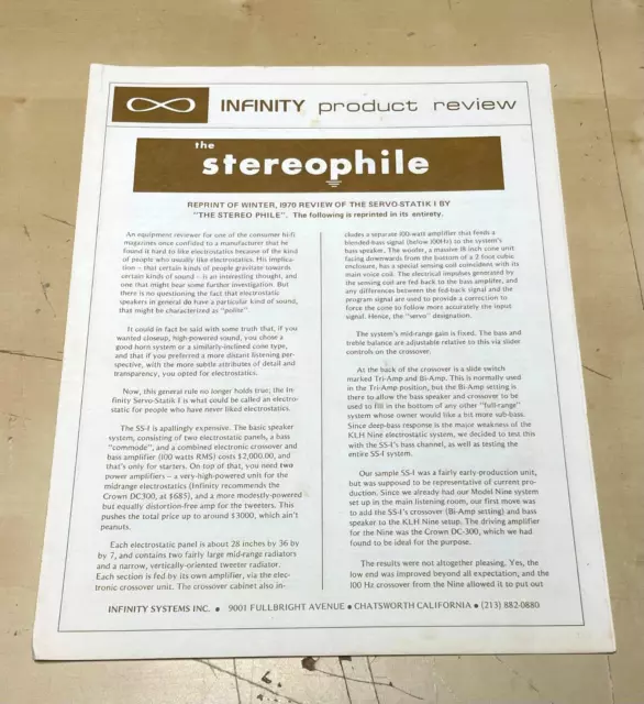 Vintage Infinity Product Review Stereophile Servo-Statik Stereo Equipment