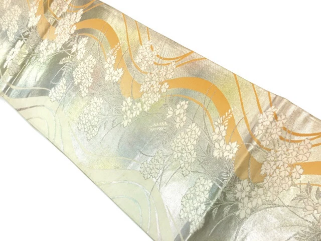 6389032: Japanese Kimono / Vintage Fukuro Obi / Woven Floral Plants & Wavy Strip