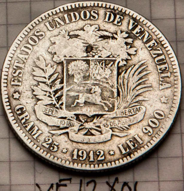 Venezuela 1912 5 Bolivares VF Silver Coin Plata 900 Crown Horse Stallion VE12x01