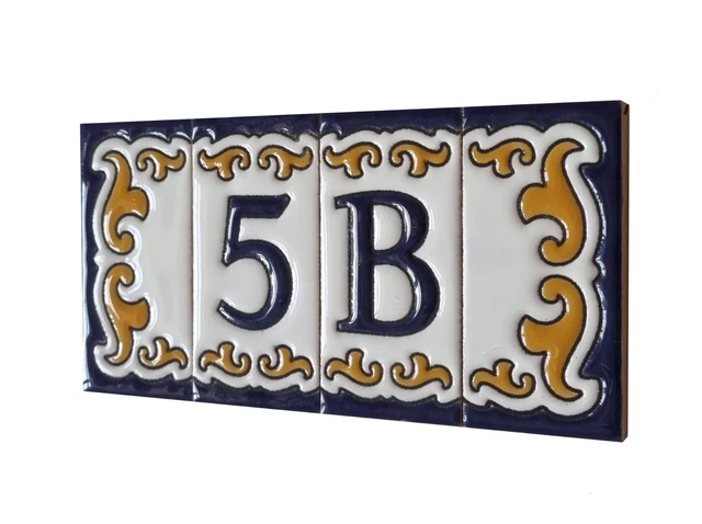 7.5 x 3.7cm Hand-painted M-05 Ceramic Blue & Orange Number Tiles & Metal Frames