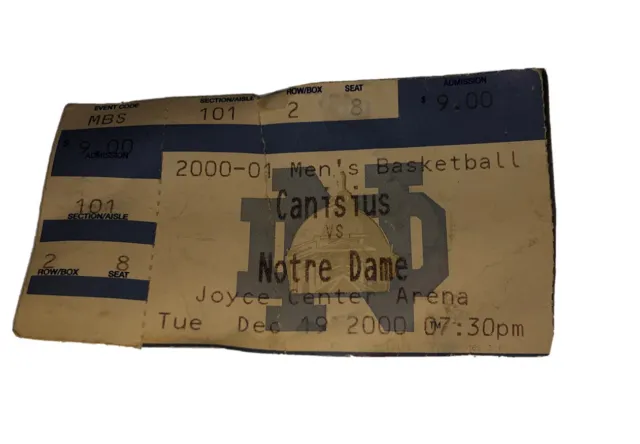 Notre Dame 2000-2001 Mens Basketball Joyce Center Vs Canisius Ticket Stub
