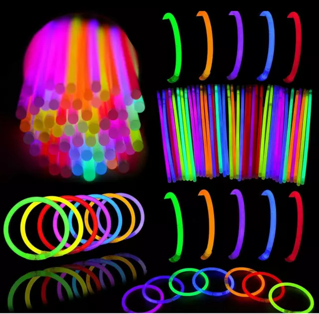 100 Glow Sticks Bracelets Necklaces Neon Colours Party Favors Rave Disco