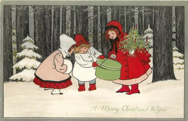 Christmas Postcard 641 Well Dressed Children in Snowy Woods Xmas Tree & Hat Box
